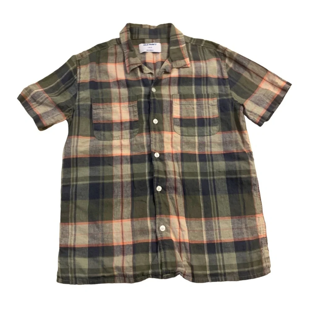 Old Navy | Plaid Short Sleeve Button Down Shirt Size Large (10-12) Army